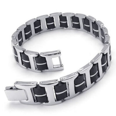 

Hpolw Mens black&silver Stainless Steel Rubber Bolt buttoned Bracelet/Bangle,durable in use