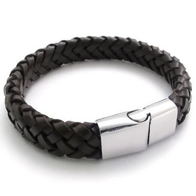 

Hpolw Brown Leather Mens Bracelet Bangle Stainless Steel Clasp - 8" 85" 9"