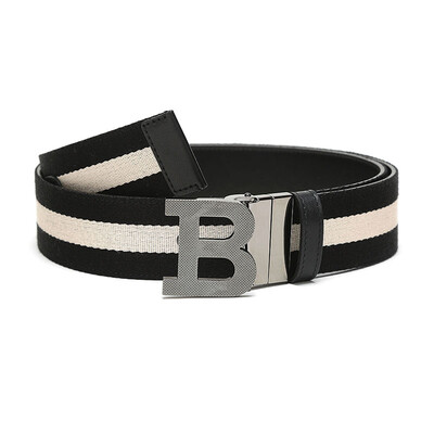 

BALLY Bally Mens Black Beige Striped Fabric with Leather Button Buckle Double Side B BUCKLE 40  TT 9 105cm