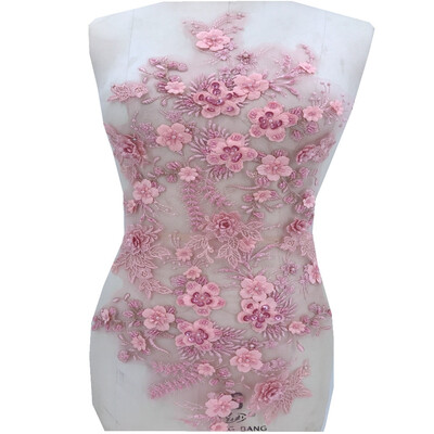

Sew on Rhinestone Pink Three-dimensional Flowers Lace Applique Crystals Trim Patches 62x32cm for Dress DIY Accessories