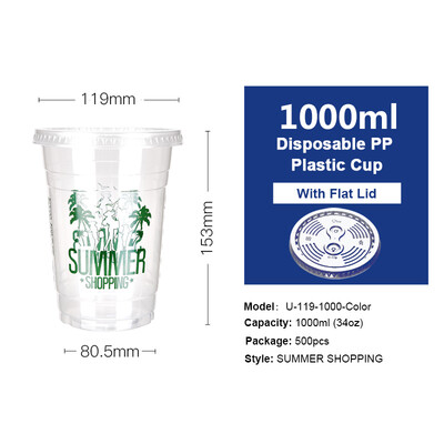 

OTOR 34oz Clear Plastic Cups Fruit Salad Water Cup with Lids Disposable Tumblers Outdoor Travel Birthday Party Supply 500pcs