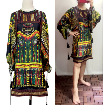 

Fashion casual long sleeved printed dress embroidered flower Bohemia style dress