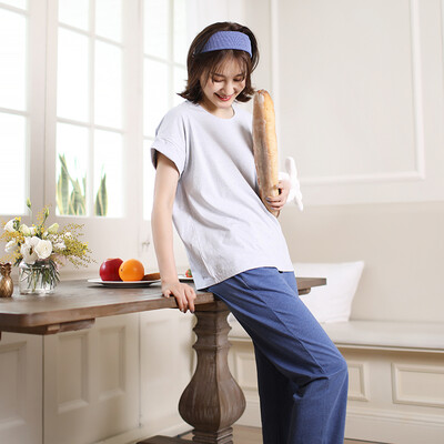 

Haizhining WMJ-038 pajamas ladies summer bamboo cotton thin short-sleeved trousers home service suit home two-piece set of gray 165