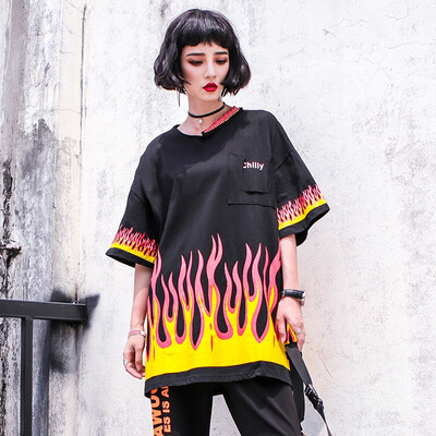

2018 Womens Fire Flame Print T Shirt Loose Large Size Oneck Tide Hip Hop Fashion Summer T Shirt