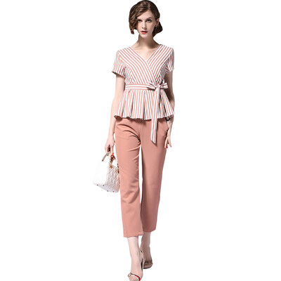 

BURDULLY New Fashion 2018 Summer 2 Piece Set Women Pant And Top Work Striped Two Piece Set Top And Pants Office Clothes Styles