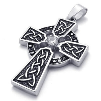 

Hpolw Mens Silver&black Stainless Steel 316L Circular geometry Hollow Irish Knot Celtic Cross Necklace Pendant 18-26 inch Chain