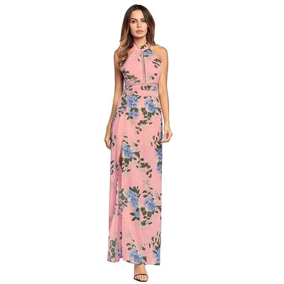 

Ruiyige 2018 Women Floral Print Halter Chiffon Long Dress Sexy Split Backless Summer Hollow Out Party Boho Maxi Beach Vestidos