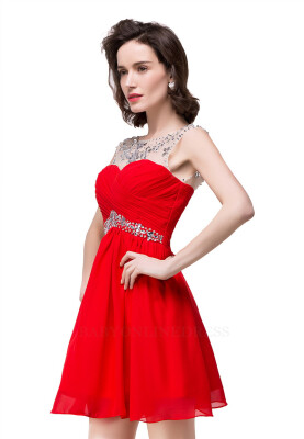 

Short Mini Homecoming Prom Party Dresses Sheer Neck Pleated Chiffon Red Graduation Dress