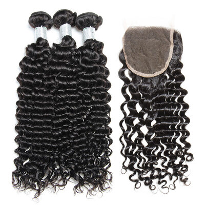 

8A Cambodian Curly Virgin Hair With Closure 4 Pcs Lot Cambodian Remy Human Hair Weaves 3 Bundles And Lace Closures Natural Black