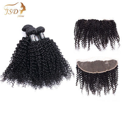 

JSDshine Human Hair Indian Kinky Curly Human Hair Bundles With Lace Frontal Closure Human Hair 3 Bundles With Lace Frontal
