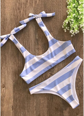 

2018 Striped Print Bow Top Bottom Bikini Set