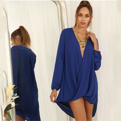 

Deep V front long after short-sleeved shirt dress casual loose