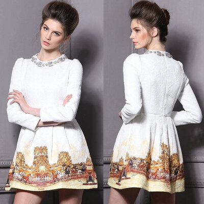 

Womens European Fashion Luxury Horse Paint Palace Bead Long Sleeve Dress