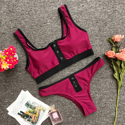 

Solid Button Maillot De Bain Femme New Arrival Sexy Beach Wear Concise Low Waist Bikini Sets Strappy Push Up Swimsuit
