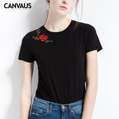 

Canvaus Summer New Women Slim Simple Embroidered Flowers Decoration Cotton Short-sleeved T Shirt