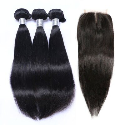 

8A Malaysian Virgin Hair Straight With Closure 3 Bundles Malaysian Remy Human Hair Weaves And Lace Closure 4 Pcs Lot Natural Black