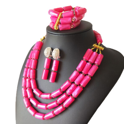

AMYNOVA 4 Rows of Orange Imitation Coral Nigerian Wedding Beads Jewelry Set Bridal Jewelry African Costume Jewelry Set for Women