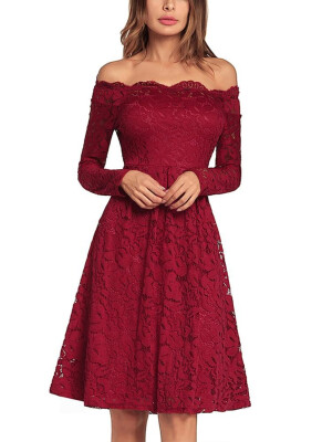 

Vintage Lace Off the Shoulder Long Sleeve A Line Pleated Dress Homecoming Dress