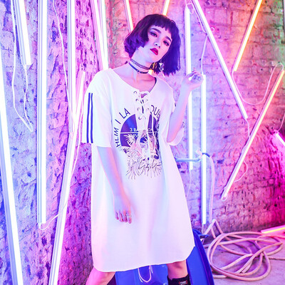 

Spring 2018 Women Fashion T-shirt Long Loose Large Size DrawString Fashion Hole Short-sleeved Printing T-shirst