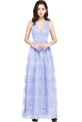 

Sheer Back Bridesmaid Navy Blue Lace Evening Dress Long Cheap V Neck A Line Evening Party Dresse