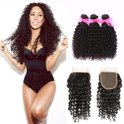 

Dream Like 100 Human Hair Indian Virgin Hair Curly Wave 3 Bundles with Closure Curly Hair