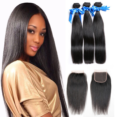

WYF Индийские волосы Virgin Hair Stright Hair 3 с закрытием 100% необработанных человеческих волос