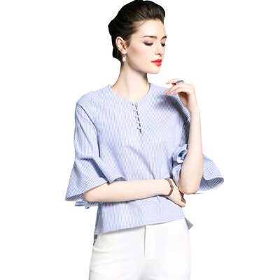 

BURDULLY 2018 Ladies Summer New Arrival Women Blue Striped Blouses Cotton Linen Shirts Tops Clothing Flare Sleeve Blouses camisas