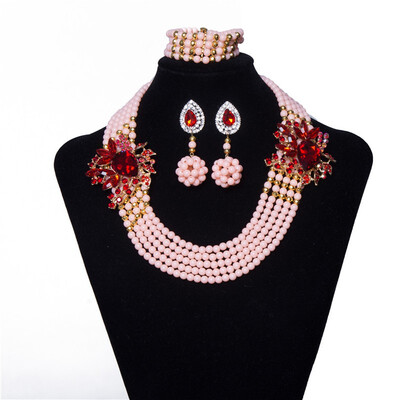 

6 Rows Pink Women Jewelry Set Handmade Beaded Crystal Necklace Fashion African Wedding Jewellery Set Bridal Jewelry Free Shipping