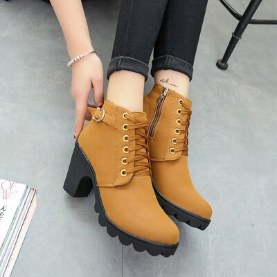 

Womens Short Boot Thick Heels Wild Black Matte Female Shoes Platform Combat Boots