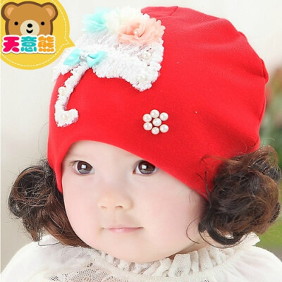 

Buebos Ninos 2015 New Autumn Cotton Baby Girl Cap Cute Umbellule Wig Curls Pattern Soft Crochet Knit Infant Beanie Cap Flower Hats Christmas Party Gift