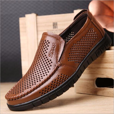 

Mens breathable leather sandals leisure summer hollow mesh cool shoes