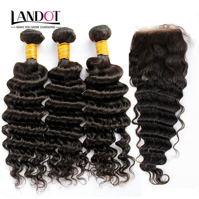 

9A Indian Deep Wave Virgin Hair With Lace Closure 3 Bundles Indian Curly Remy Human Hair Weave And Closures 4Pcs Lot Natural Black