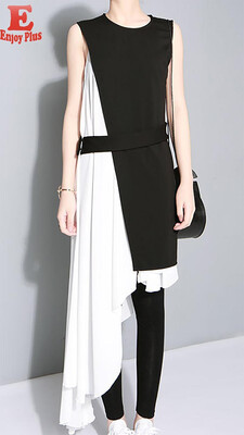 

S M L new summer 2018 casual chiffon dress women sleeveless black&white irregular straight lady