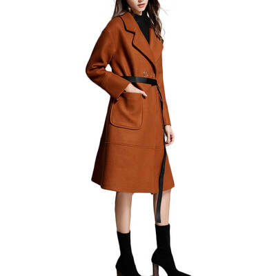 

2018 New Spring Winter Coat Long Turn-down Collar Double Breasted Lacing Waist Women Wool Coat
