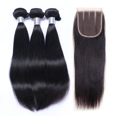 

8A Mongolian Virgin Hair Straight With Closure 3 Bundles Mongolian Remy Human Hair Weaves And Lace Closures 4Pcs Lot Natural Black