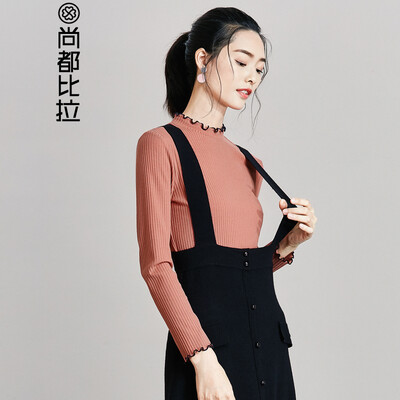 

Sentubila wild lace half-high collar knit T-shirt female 2018 autumn new solid color base coat 174T0718336 brown red