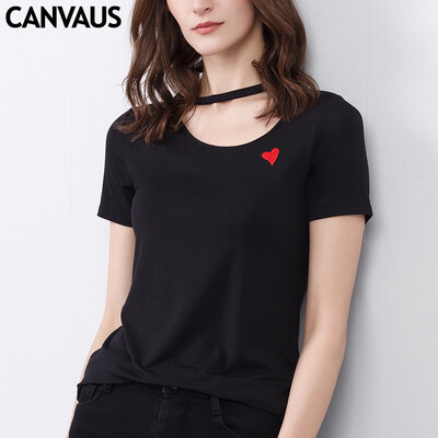 

Canvaus Summer New Women Heart-shaped Embroidery Decoration Modal Slim Short-sleeved T Shirt