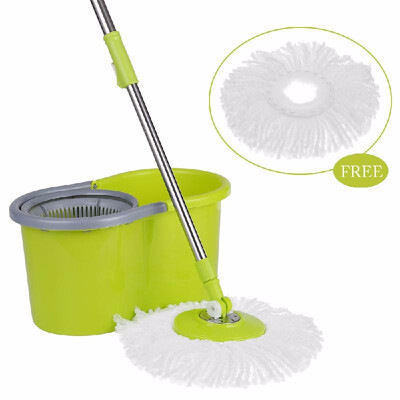 

Green & Blue Stainless Steel 360°Rolling Magic Spin Mop & Bucket Set Rotating Easy-Wring Floor Mop W 2 Microfiber Mop Heads