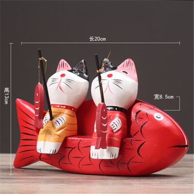 

Japanese hand-carved wooden cat fish couple home crafts animal furnishings home decoration birthday gift