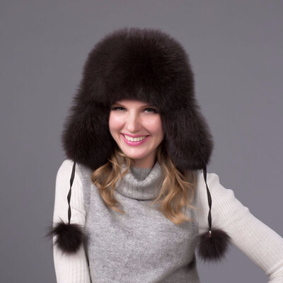 

FURART hot warm autumn&winter female Fox fur bomber hat snow cap fur womens hat ladies leather ear caps