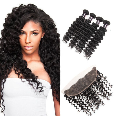 

Ishow 7A Brazilian DeepWave Hair Bundles With Frontal 100 Human Hair Weave 4 Bundle Deals Lace Frontal Closure With Bundles