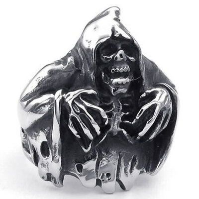 

Hpolw Mens Stainless Steel Ring Gothic Casted Grim Reaper Skull Black Silver