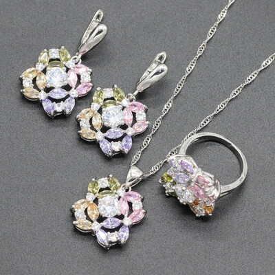 

Blue Stone Silver Plated Jewelry Sets for Women Choker Necklace Dangle Earrings Ring Six Colors Available Free Jewelry Box