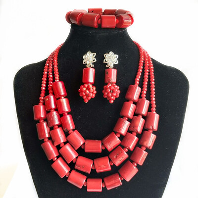

Bridal Traditional Wedding Jewelry Set African Red True Coral Necklace& Bracelet Jewelry Nigerian Jewelry Bead Set For Women
