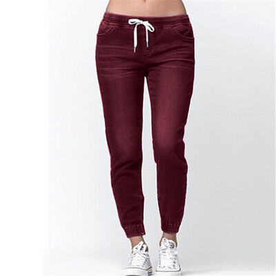 

Womens Solid Color Jeans with Elastic Waist & Ankles