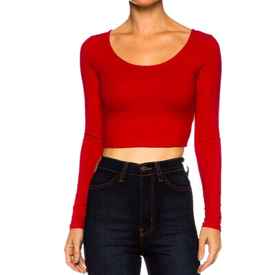

Free Shipping Summer Women 2018 T-shirt Big O-neck Solid Color Long Sleeve Lady Casual Short Tshirt Women