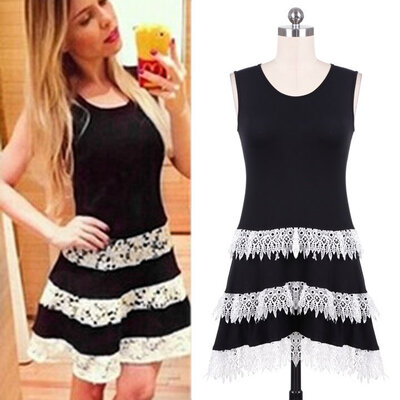 

Stylish Lady Women's O-neck Sleeveless Layer Lace Hem Casual Beach Dress