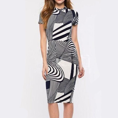 

Irregular Printing Retro Package Hip Was Thin Short-Sleeved Dress