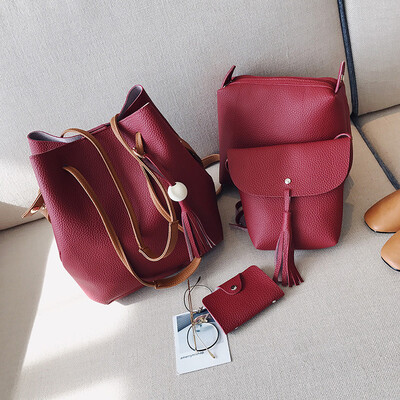 

New Type Bucket Four Piece Suit Bag Pu Solid Color Bag Ladies Handbag 8 Colors