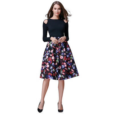 

POPBASIC Women's High Elastic Waist Flare Pleated A-line Midi Skirt